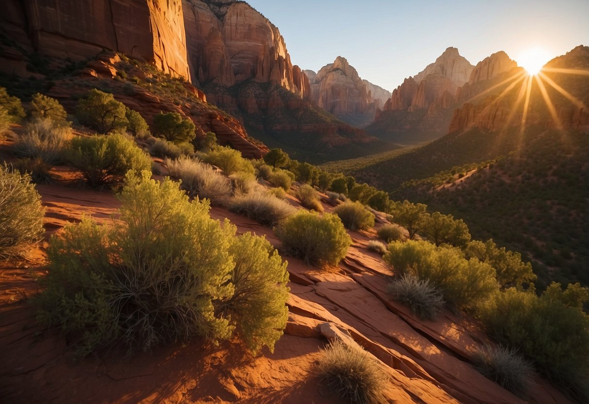 Sunset over rugged red rock formations at Zion National Park, with 10 backpacker campsites nestled among towering cliffs and lush greenery