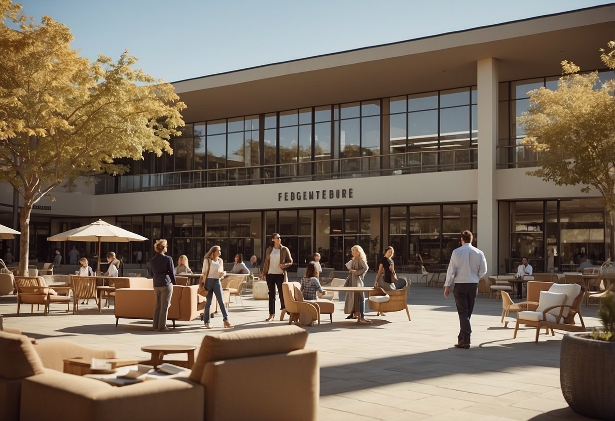 A sunny plaza with modern furniture, people browsing, and a sign reading "Frequently Asked Questions" in bold letters