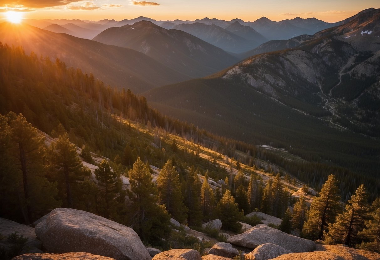 Sunset over the Rocky Mountain National Park, with 10 backpacker campsites nestled among the rugged peaks and lush forests