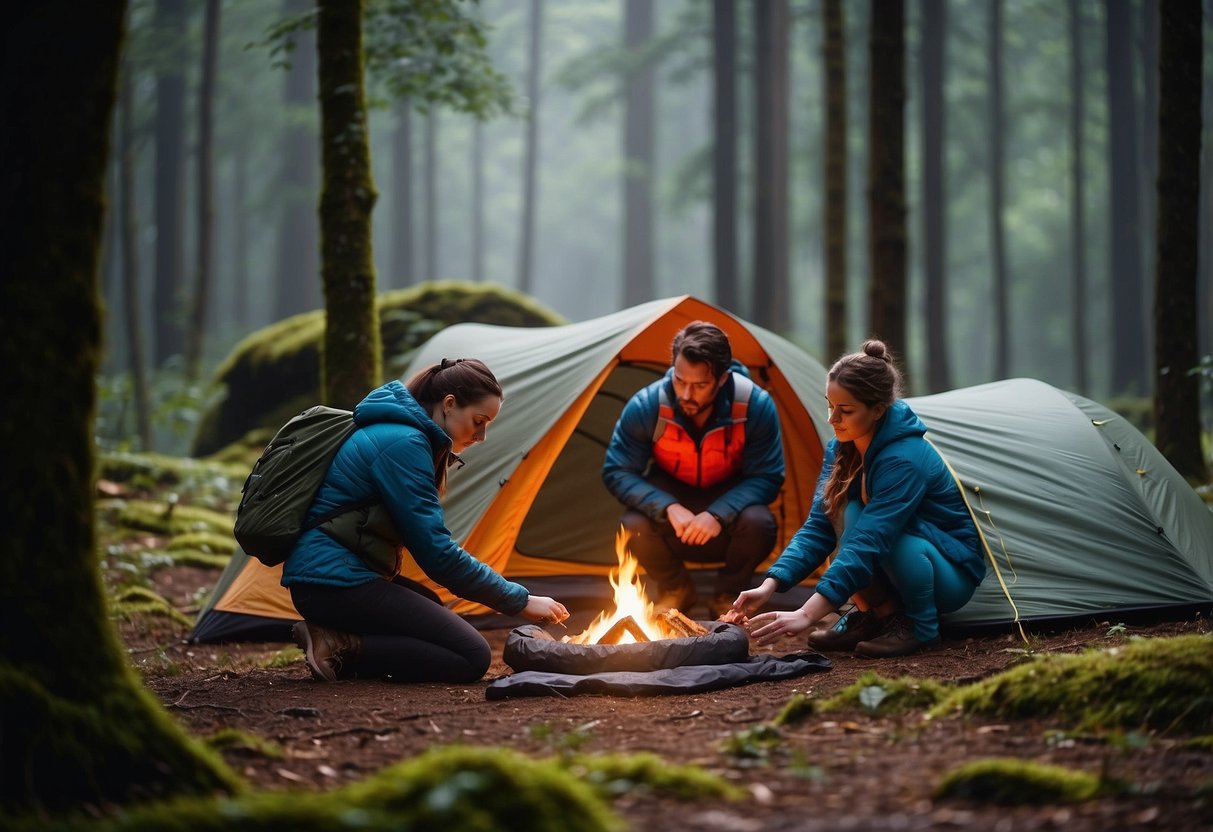 Backpackers setting up tents in a forest clearing, following safety tips. Campsites are well-maintained with designated fire pits and waste disposal areas