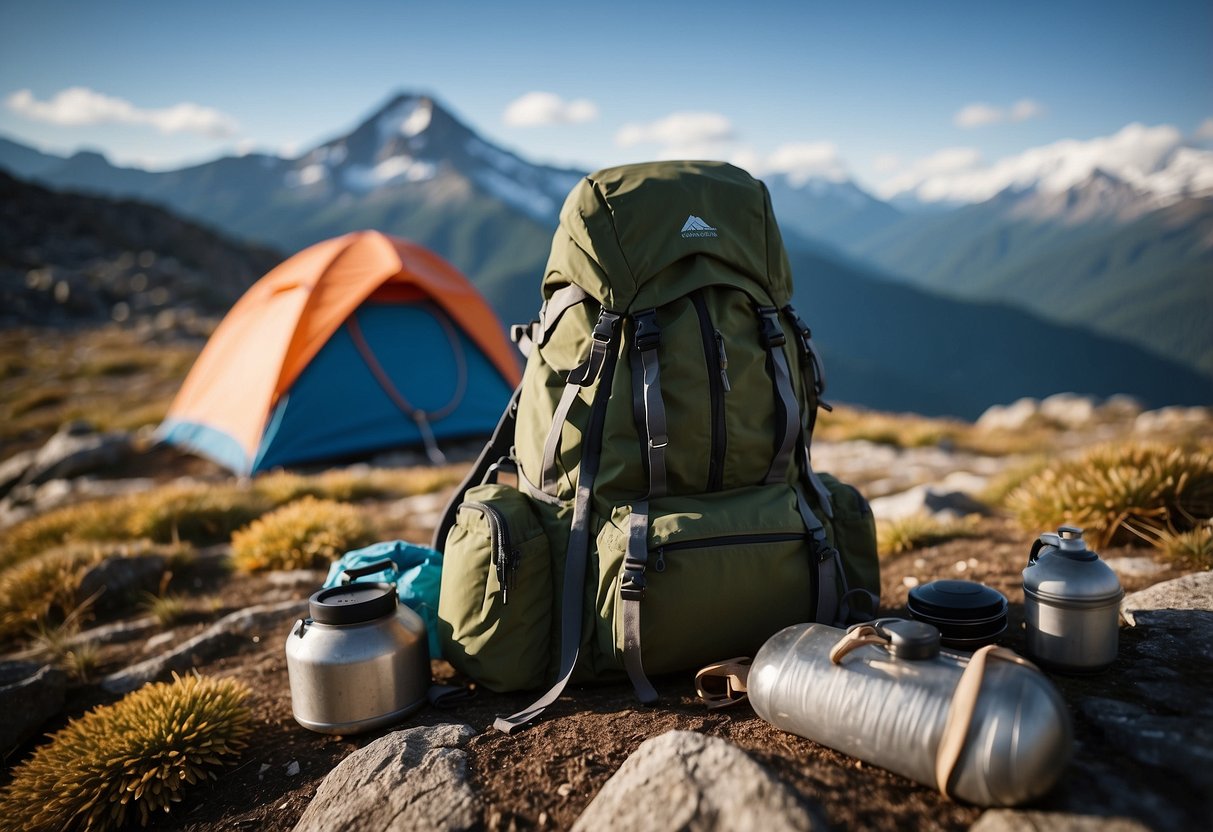 A backpack sits on the ground, surrounded by a tent, sleeping bag, map, and cooking supplies. A mountain looms in the background, with a trail leading towards it