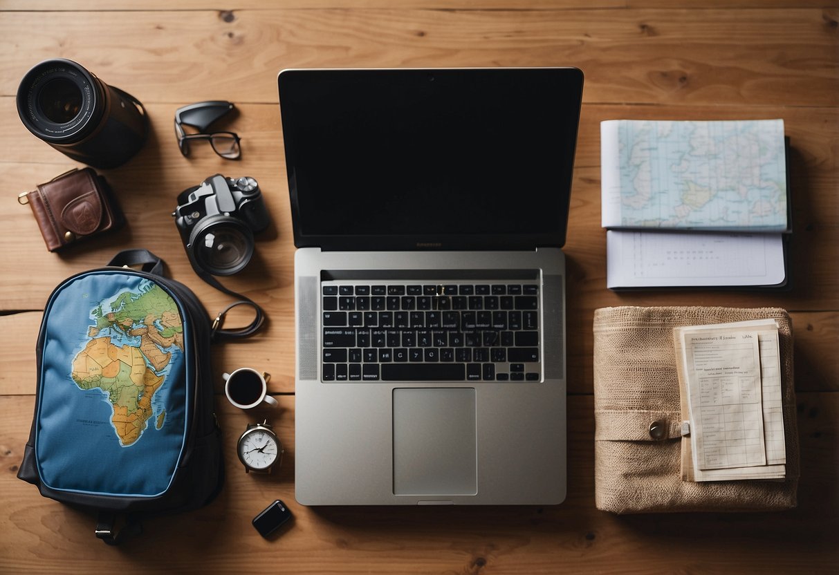 A backpack sits next to a laptop and travel guide on a cluttered desk. A map and passport are spread out, with a calculator and budget spreadsheet visible