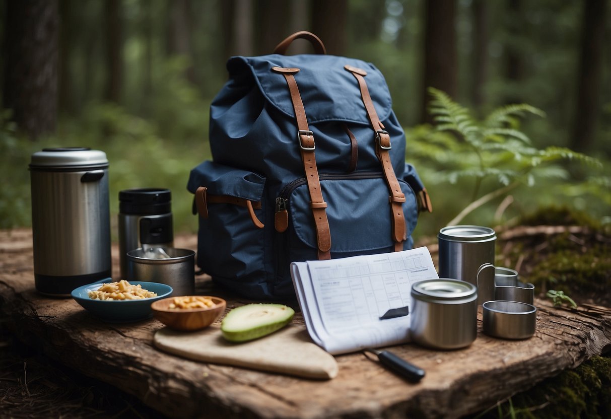 A backpack with cooking utensils, a small portable stove, cans of food, a map, and a budgeting notebook spread out on a campsite