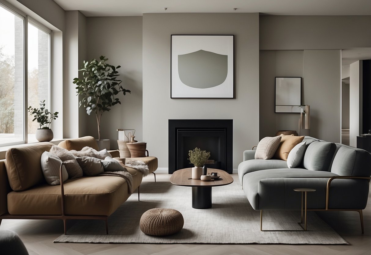 A sleek, modern living room with Georg Jensen furniture, featuring clean lines, elegant curves, and a minimalist color palette