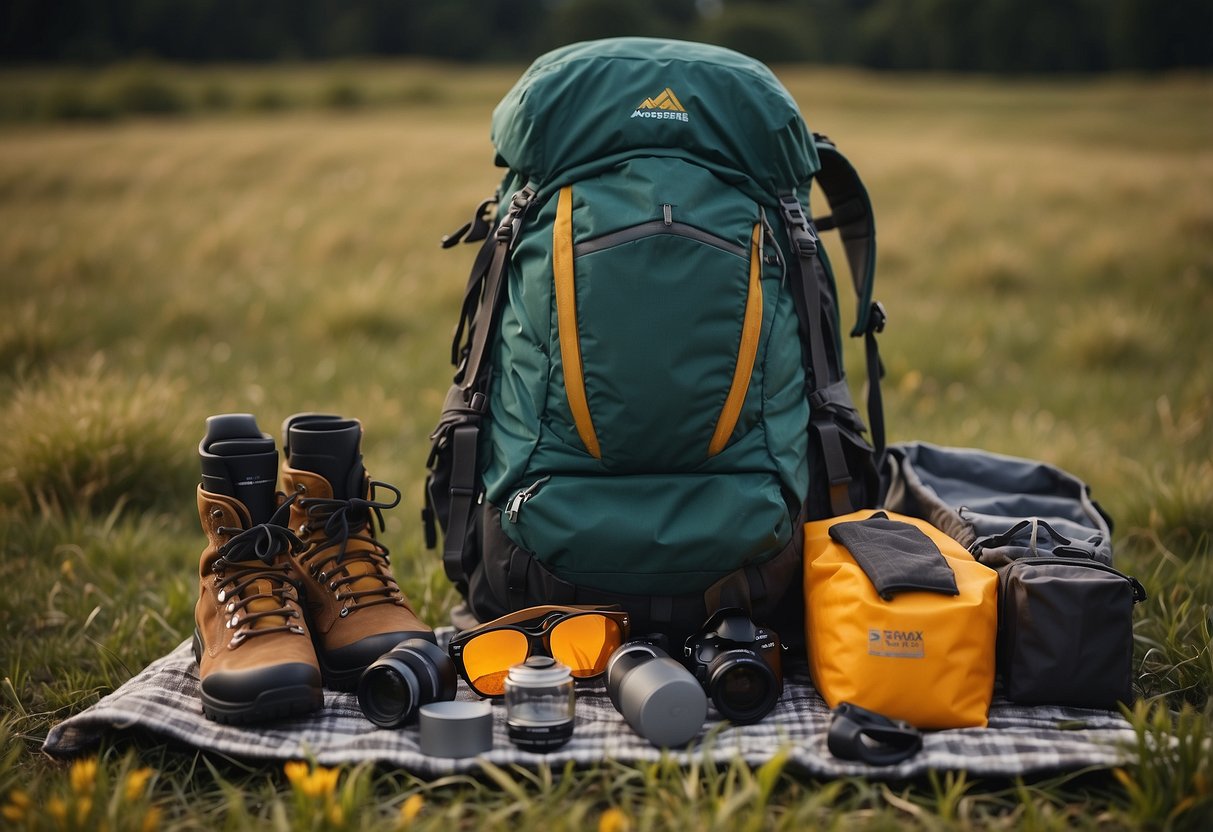 A backpack with 5 lightweight clothing items laid out on a grassy field, surrounded by hiking boots and a small backpacking tent