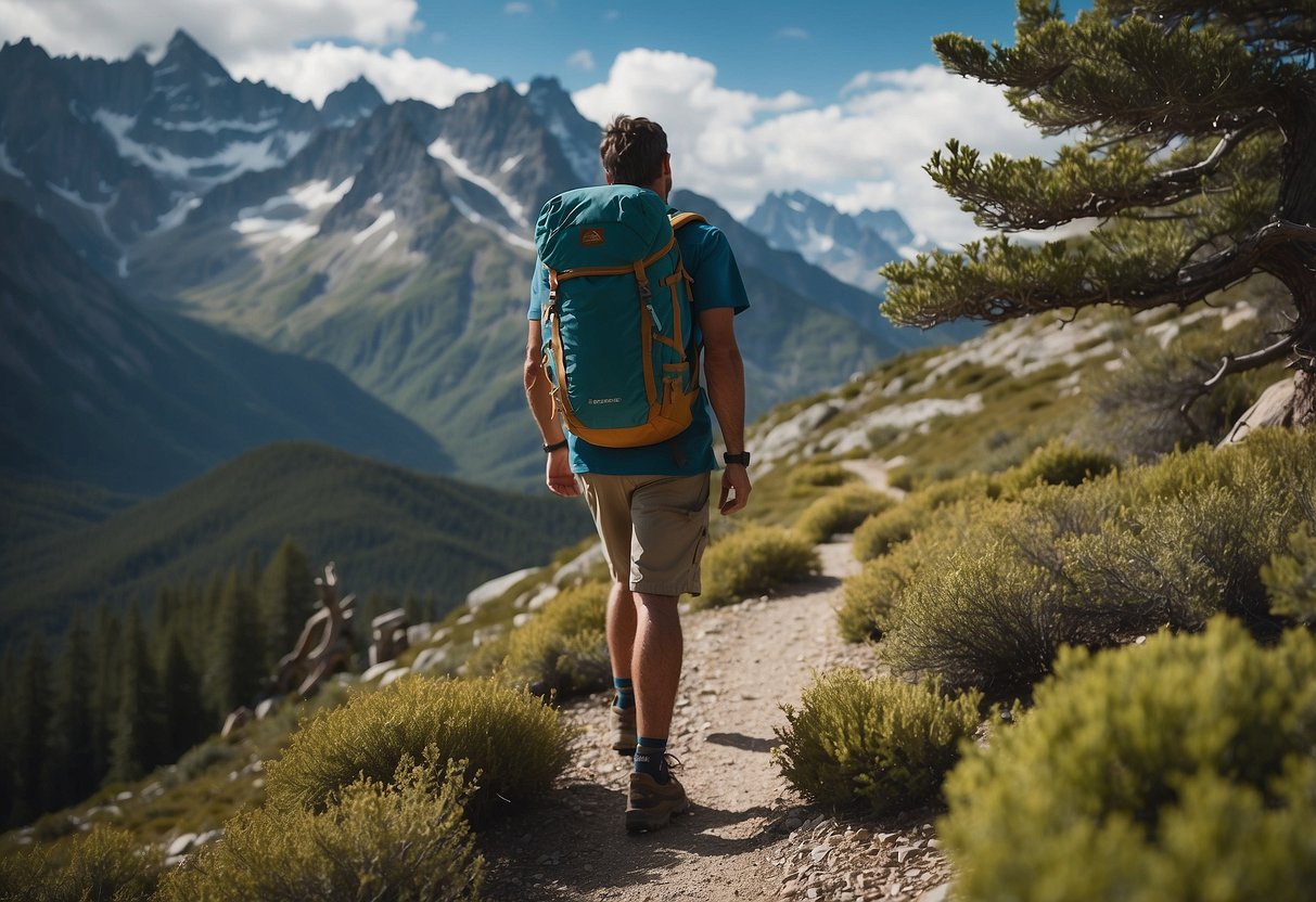 A mountainous landscape with a winding trail, a backpack, and a Patagonia Capilene Cool Daily Shirt hanging from a tree branch