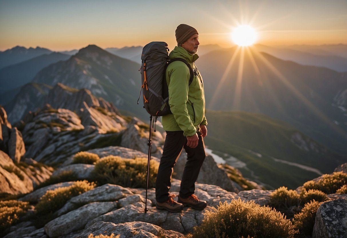 A hiker wearing the Outdoor Research Ferrosi Jacket stands atop a rocky mountain peak, with a backpack and trekking poles nearby. The sun is setting, casting a warm glow over the rugged landscape