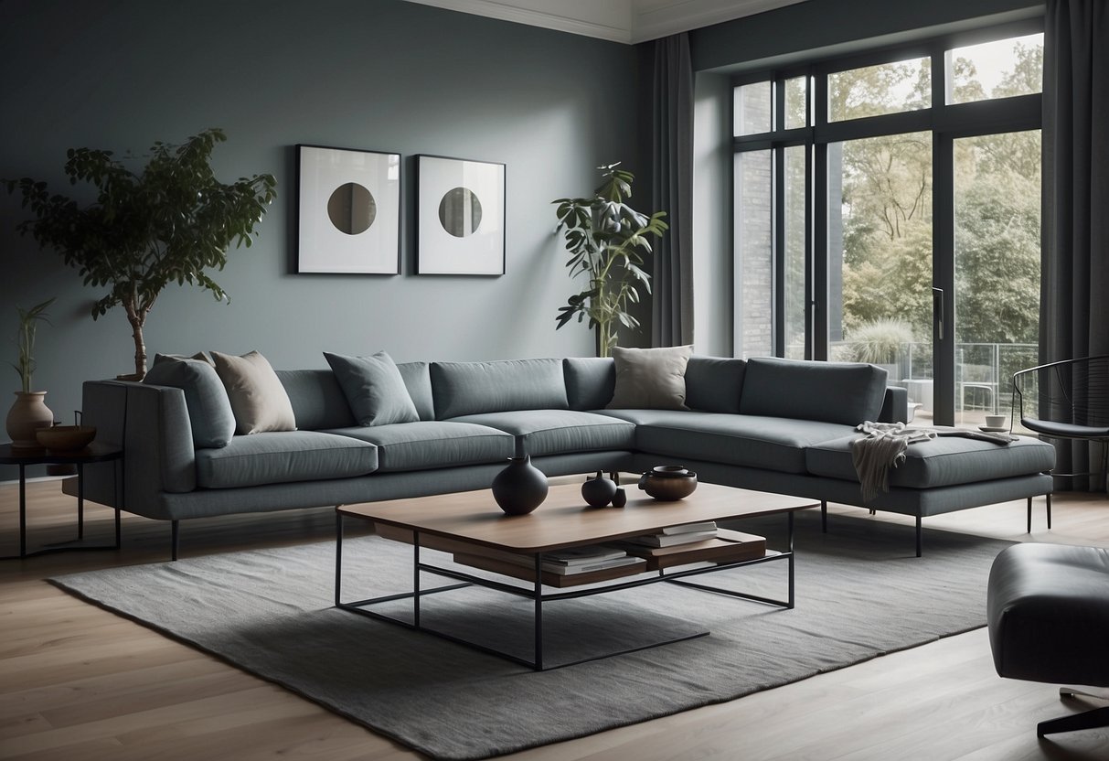 A modern living room with sleek, minimalist Georg Jensen furniture. Clean lines, muted colors, and elegant design