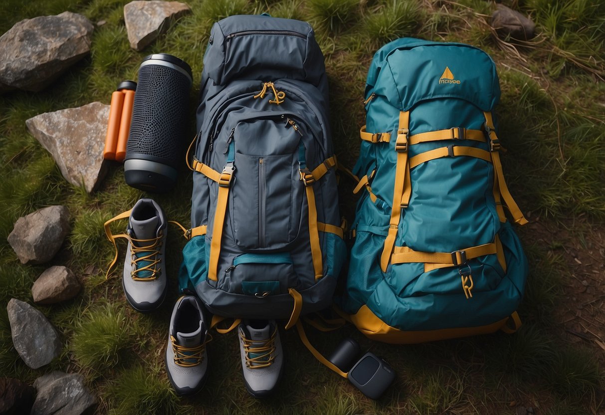 A backpack with lightweight clothing items neatly folded and organized, surrounded by hiking boots and a water bottle