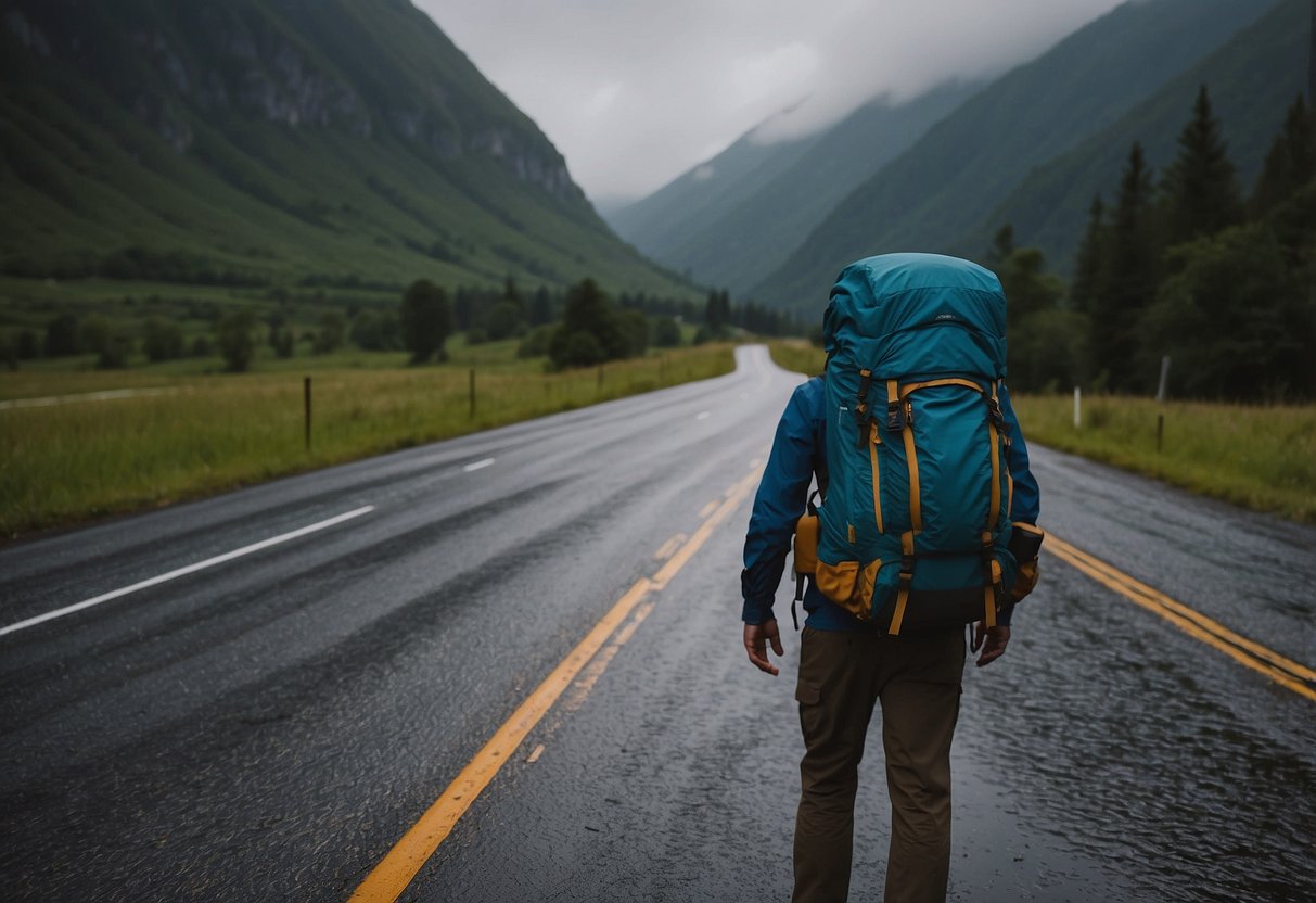 Backpacker struggles with heavy pack, wrong gear, and poor planning. Map shows wrong route. Rain starts, no cover