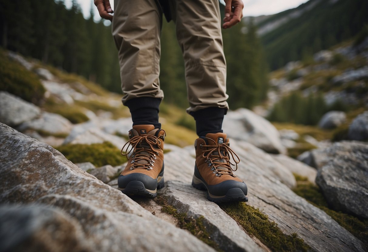 A hiker standing on a rocky trail, wearing sturdy boots and a properly fitted backpack. No signs of blisters or discomfort