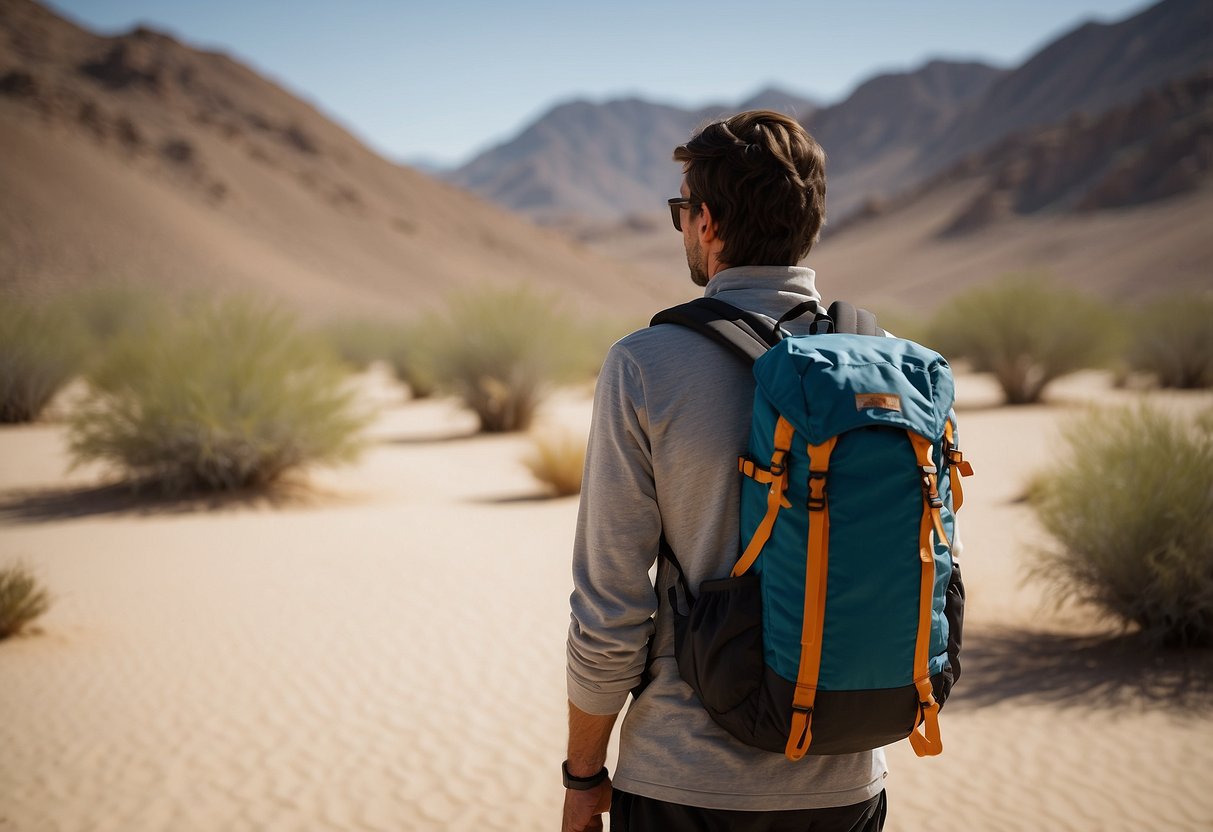 Backpacker with empty water bottle in desert, looking parched