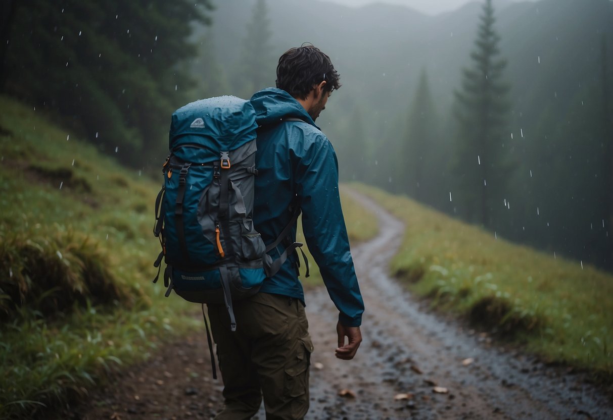 Backpacker forgets gear, struggles on trail. Wrong shoes, heavy pack. Map confusion. Rain starts. Rushed, unprepared