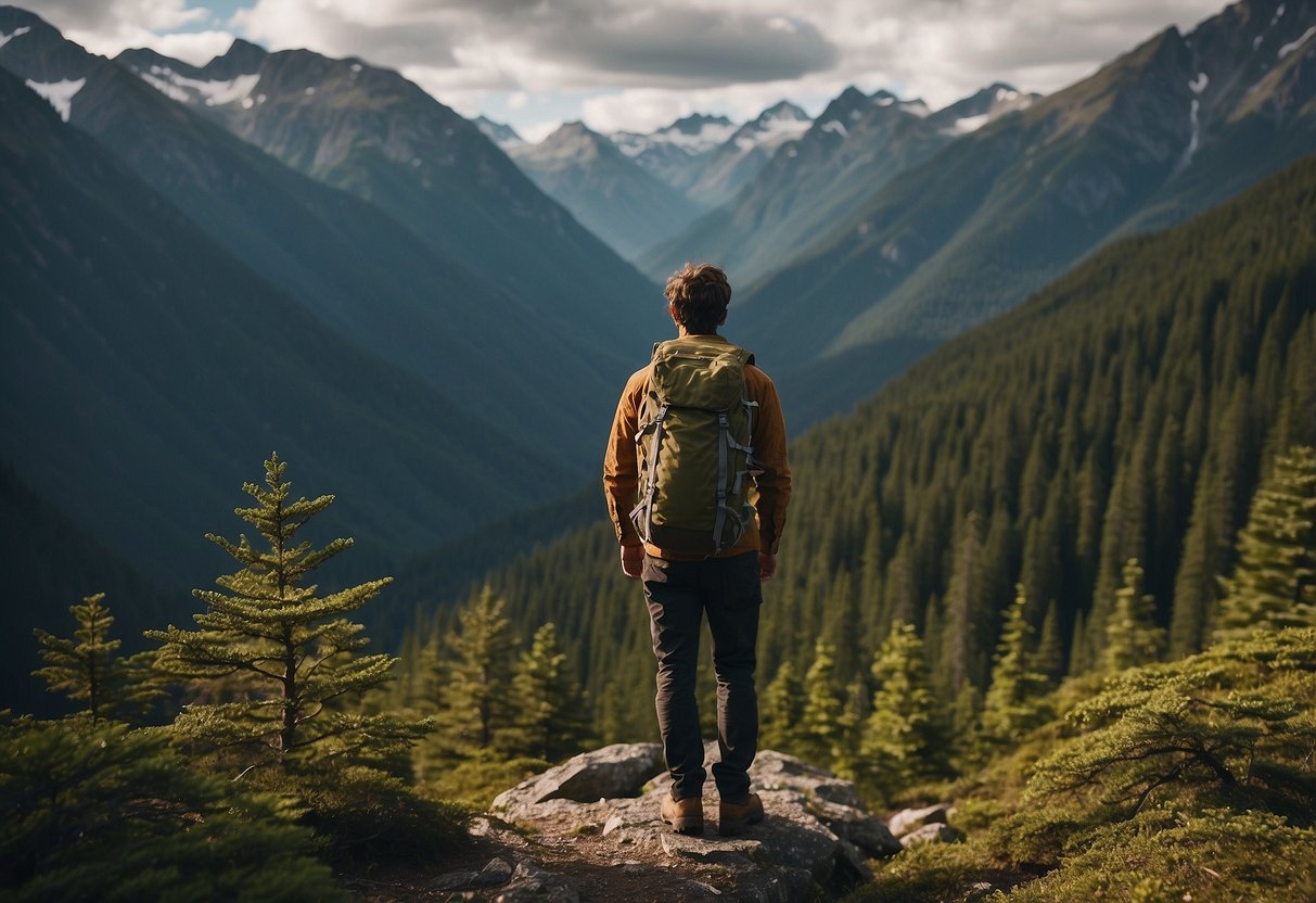 A backpacker stands in the wilderness, surrounded by dense forest and towering mountains. They appear lost, with no map or compass in hand, highlighting the importance of these essential navigation tools