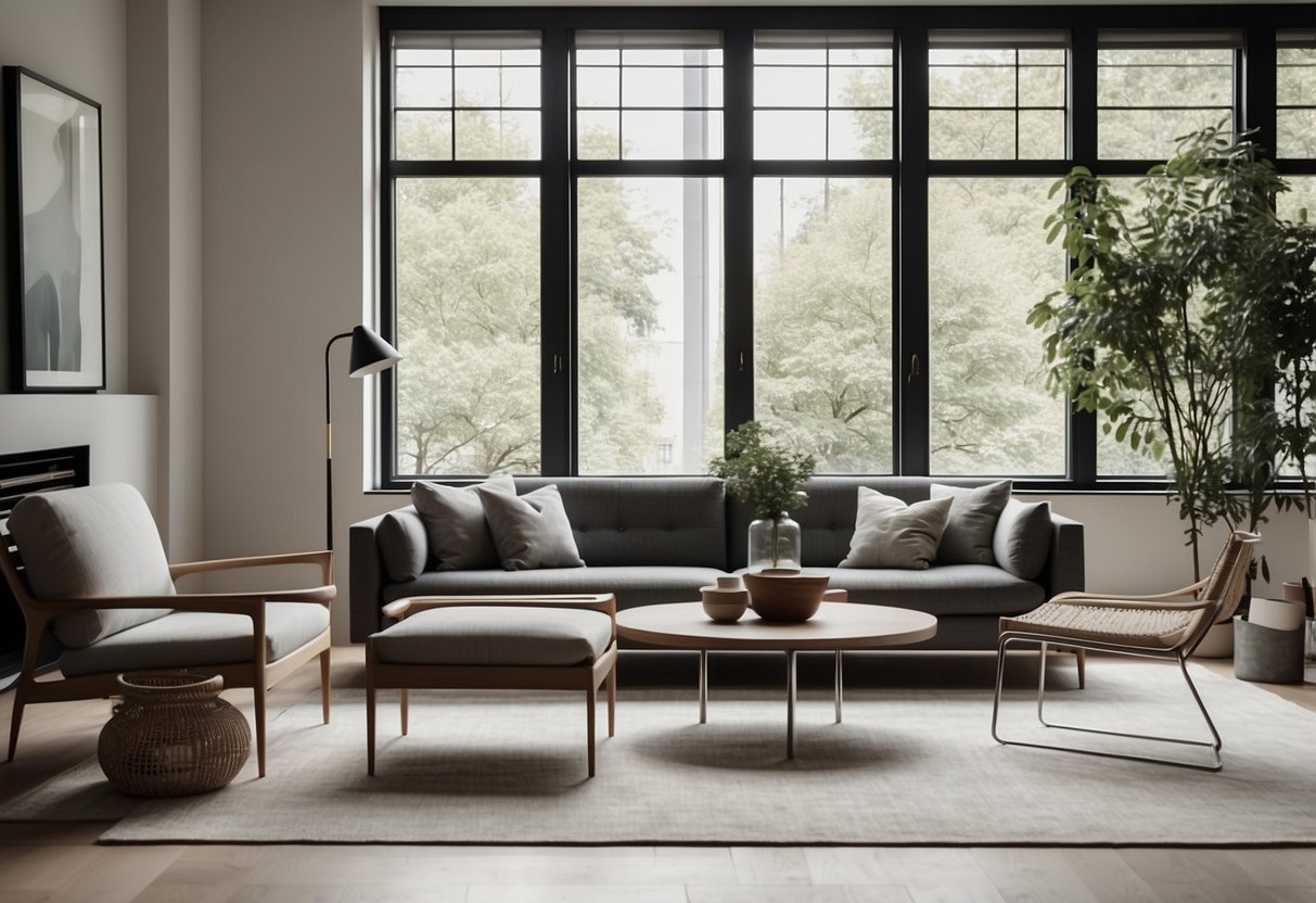 A modern living room with sleek Georg Jensen furniture, clean lines, and minimalist decor. Bright natural light floods the space, highlighting the elegant and timeless design of the pieces