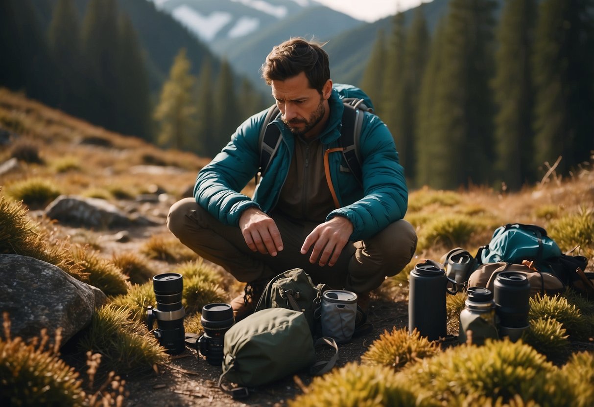 A hiker struggles with unfamiliar gear, making common backpacking mistakes. Items are scattered, and the hiker looks frustrated