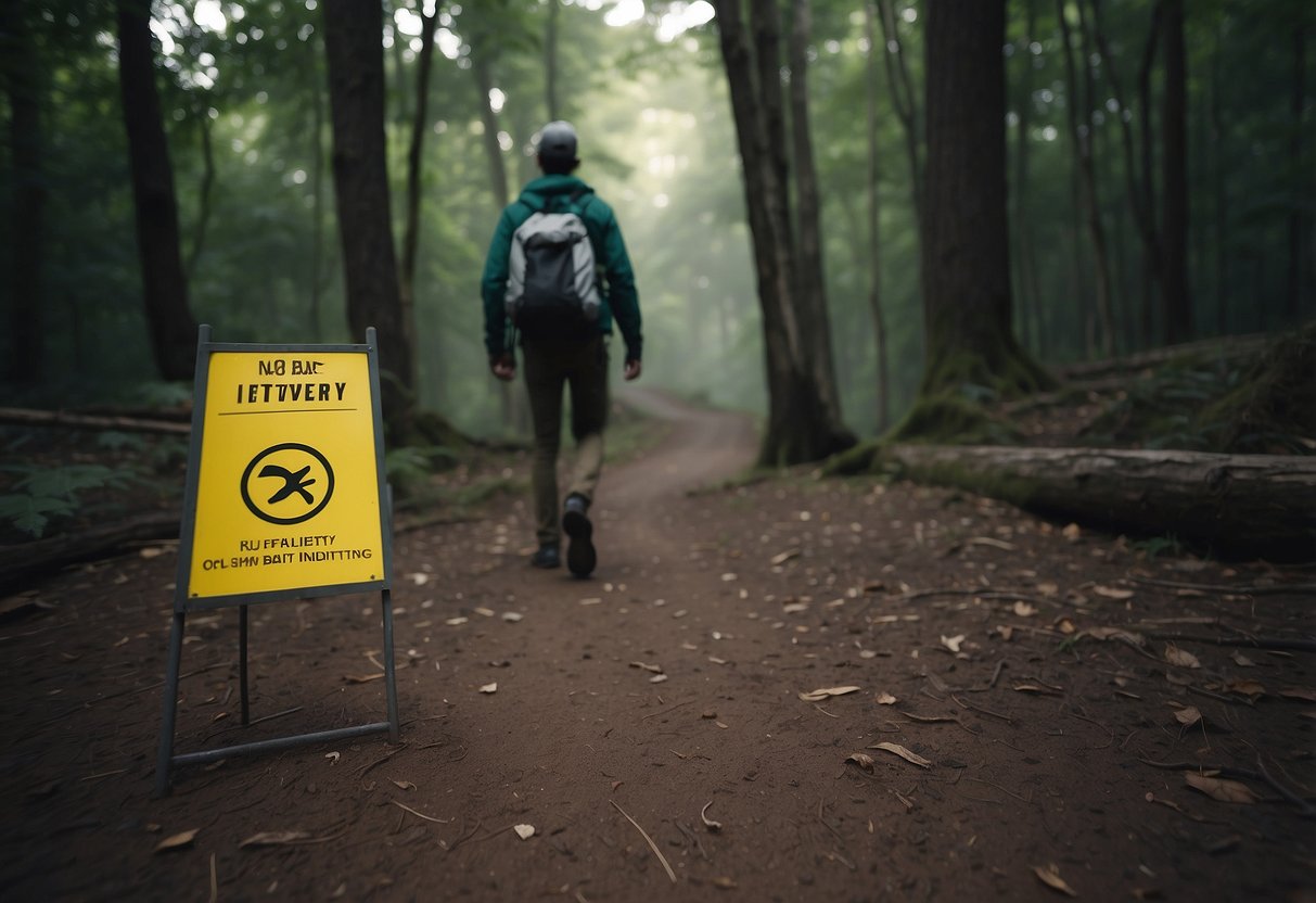 Backpacker stepping over "No Entry" sign in natural park, ignoring rules. Trash left behind, campfire in restricted area