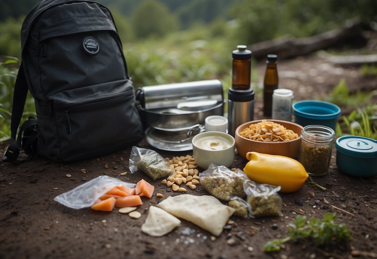 Backpacker's food spills from torn bag, attracting wildlife. Cooking supplies scattered, causing frustration