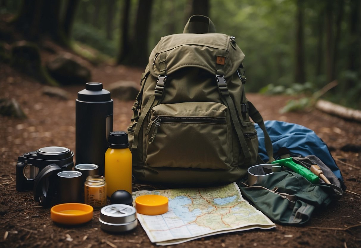 A backpack sits open on the ground, filled with essential items like a sleeping bag, tent, and cooking supplies. Nearby, a map and compass lay out, ready for use