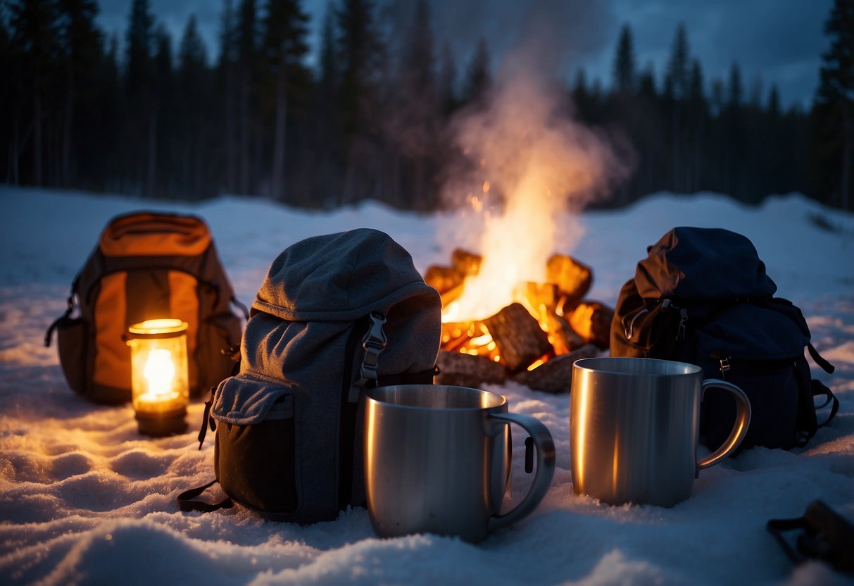 A cozy campfire surrounded by backpacks and gear, with steaming mugs of hot drinks and a warm, inviting glow against the backdrop of a starry night sky