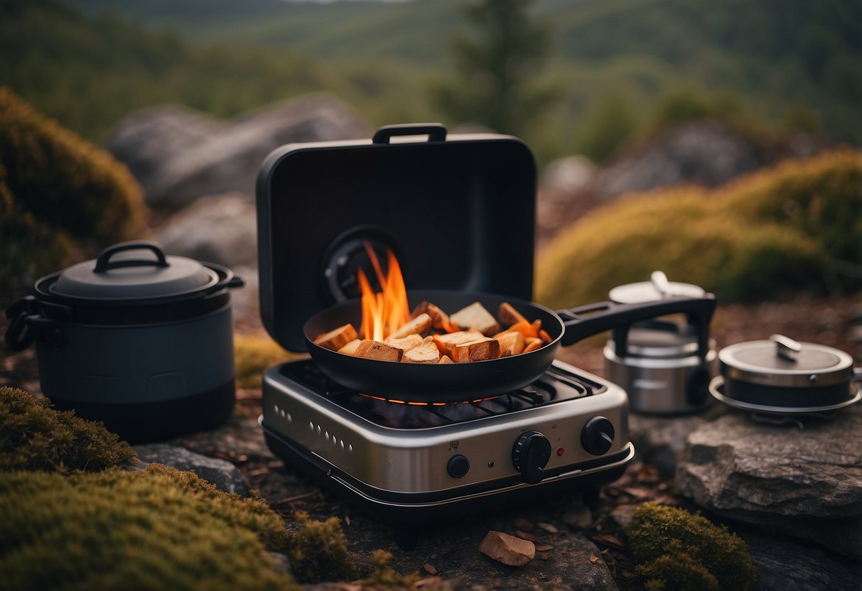 A portable stove sits on a rocky campsite, surrounded by backpacking gear. Smoke rises from the stove, as the warm glow of the flame provides comfort in the chilly wilderness