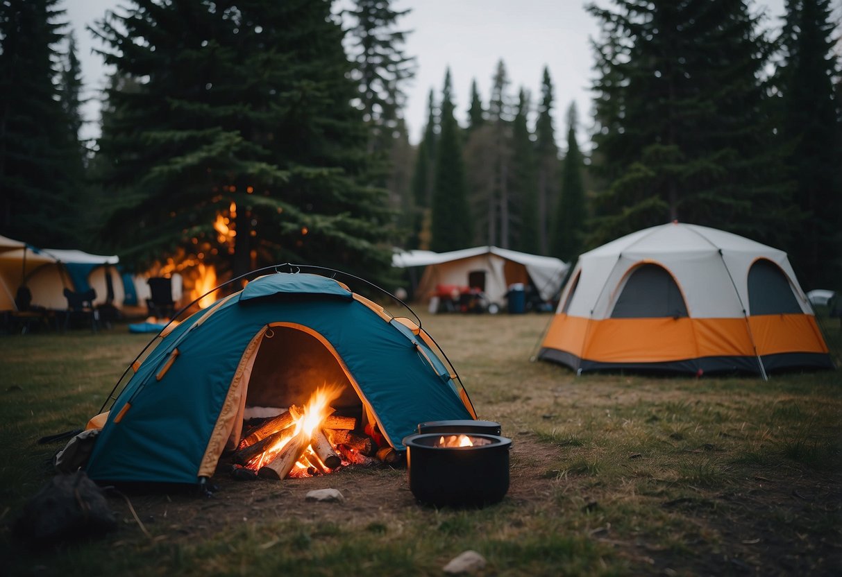 A cozy campsite nestled among trees, with a crackling fire and a well-insulated tent. Warm clothing and sleeping bags are neatly arranged nearby