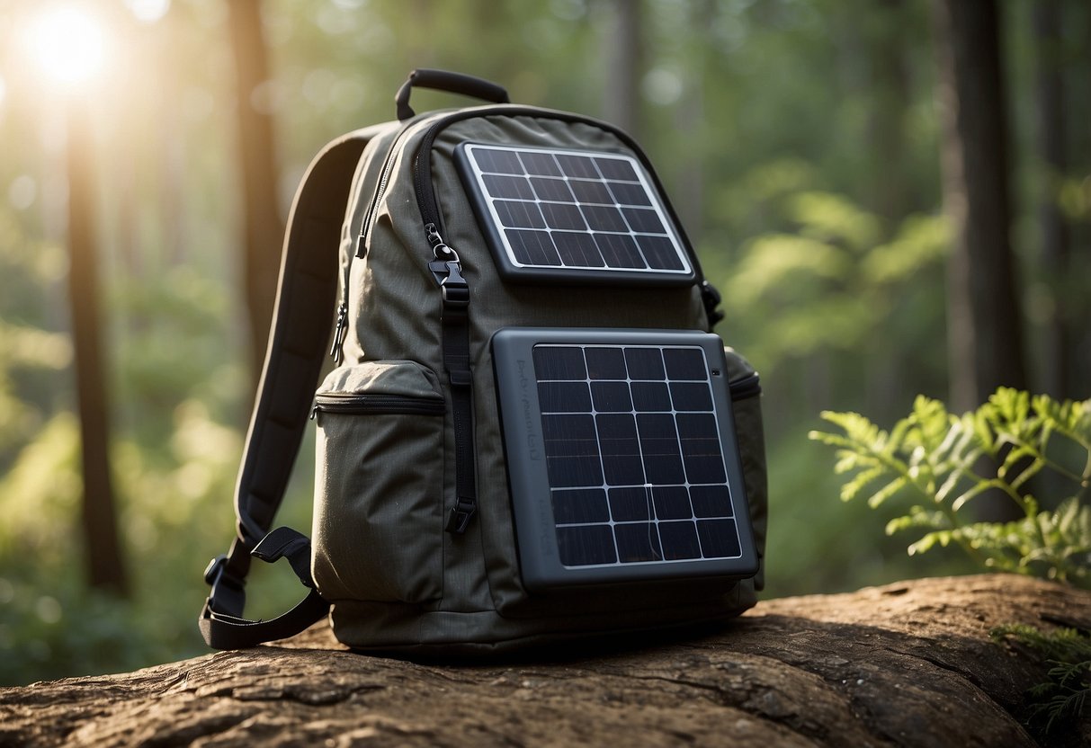 A backpack lies open on the ground, surrounded by rugged terrain and towering trees. Five sleek solar chargers are neatly arranged next to it, ready for use on the go