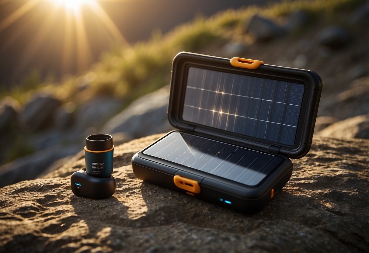 The Anker PowerPort Solar Lite is shown charging devices in a backpacking setting, with sunlight streaming onto the solar panels