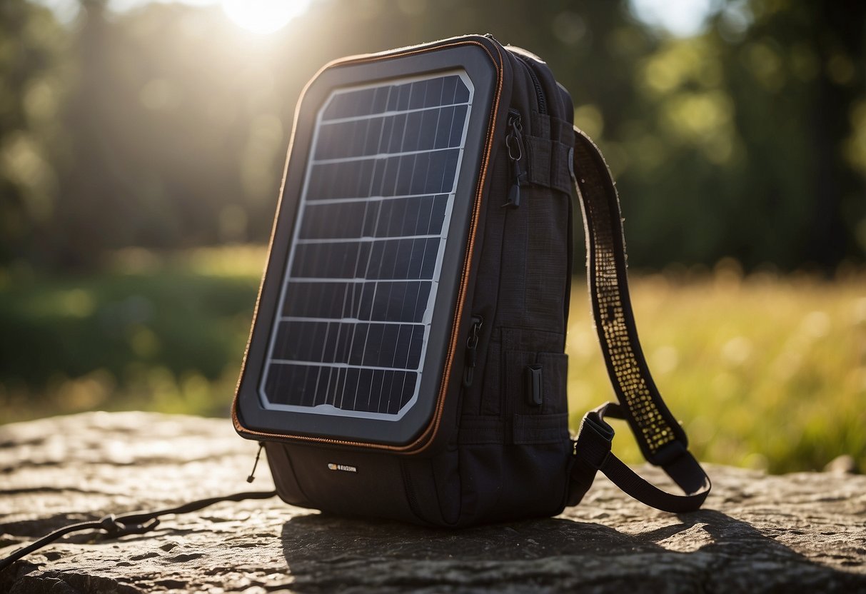 A solar charger sits on a backpack, facing the sun. Its panels are clean and free of debris, and its cables are neatly organized. A small device is plugged into the charger, indicating it is in use