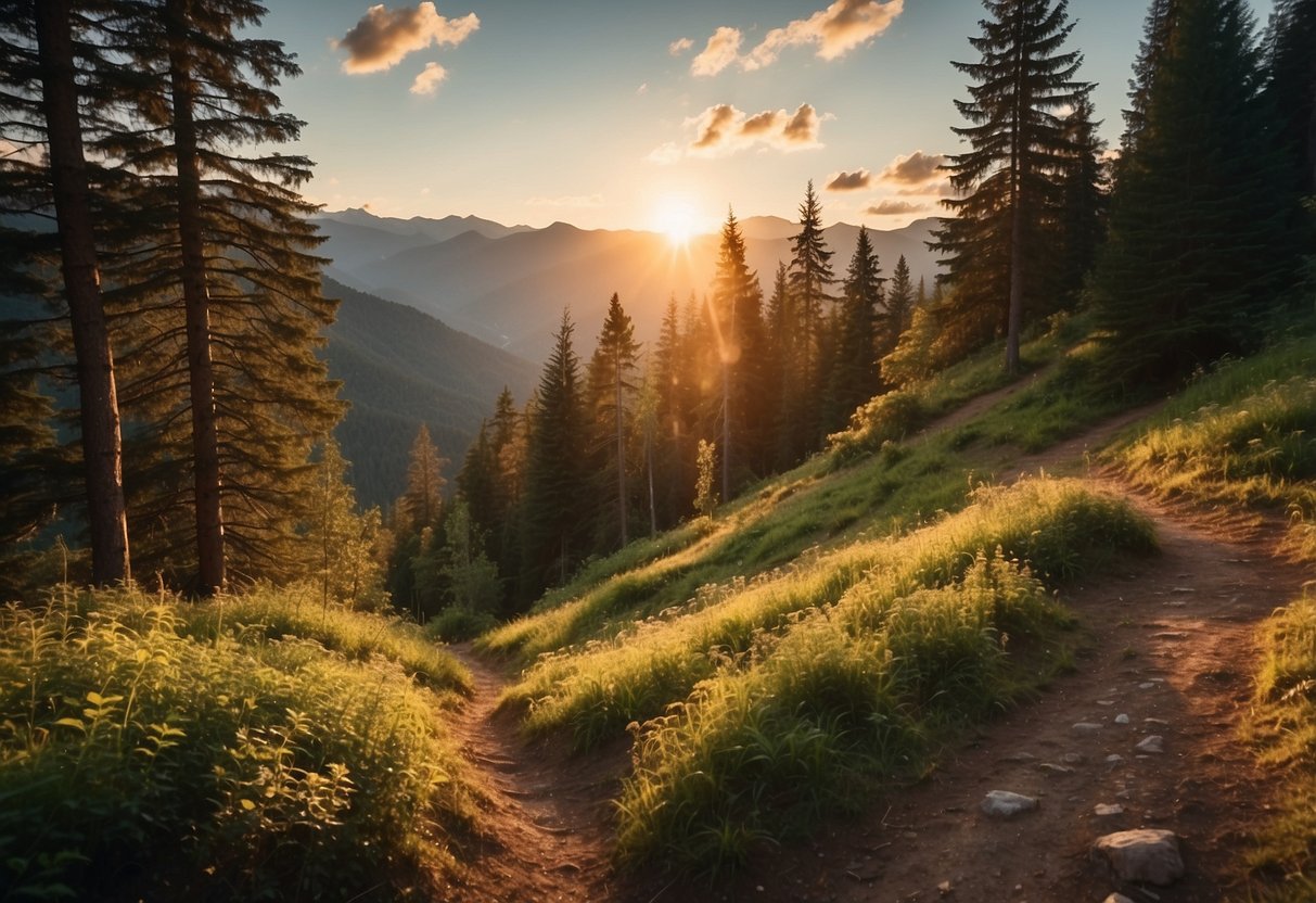 A winding trail cuts through lush forests, leading to a breathtaking mountain vista. The sun sets behind the peaks, casting a warm glow over the landscape