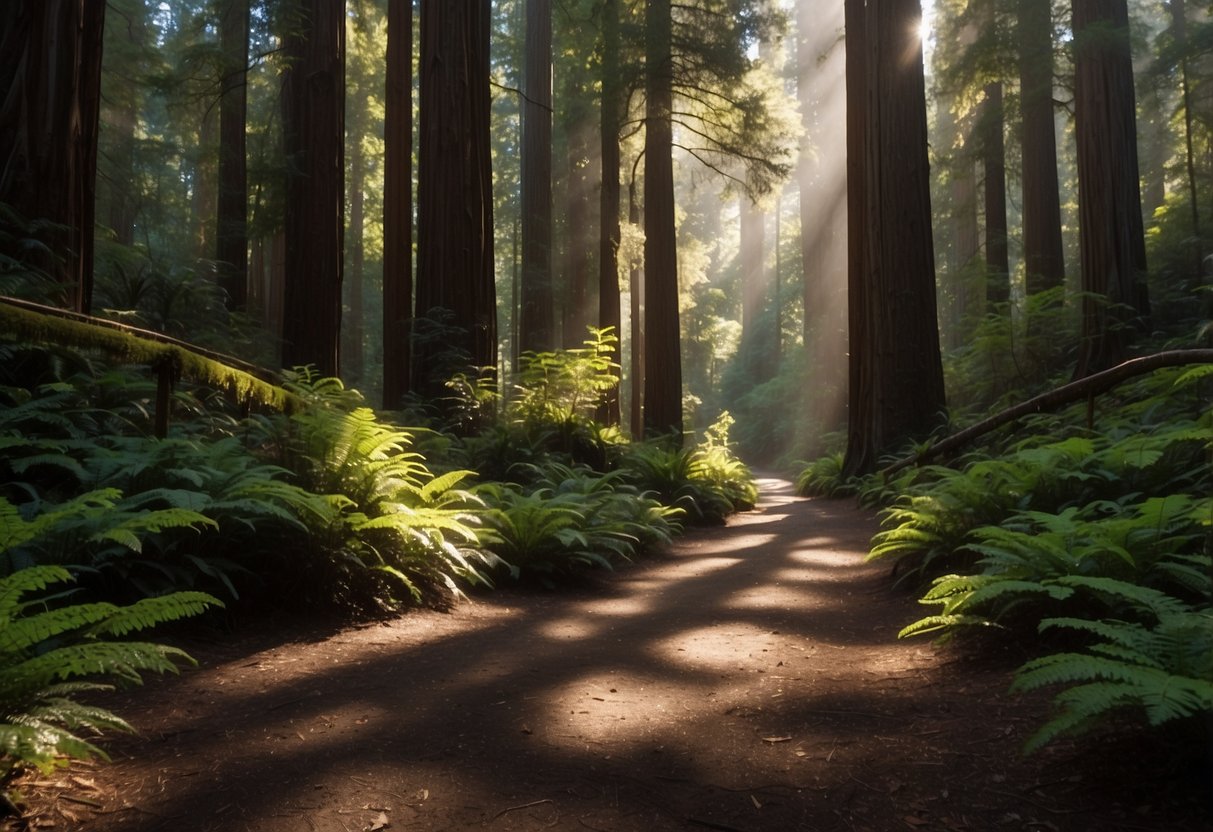 Sunlight filters through towering redwoods in Muir Woods, casting dappled shadows on the forest floor. A winding trail leads through the lush greenery, inviting hikers to explore the natural beauty of the national monument