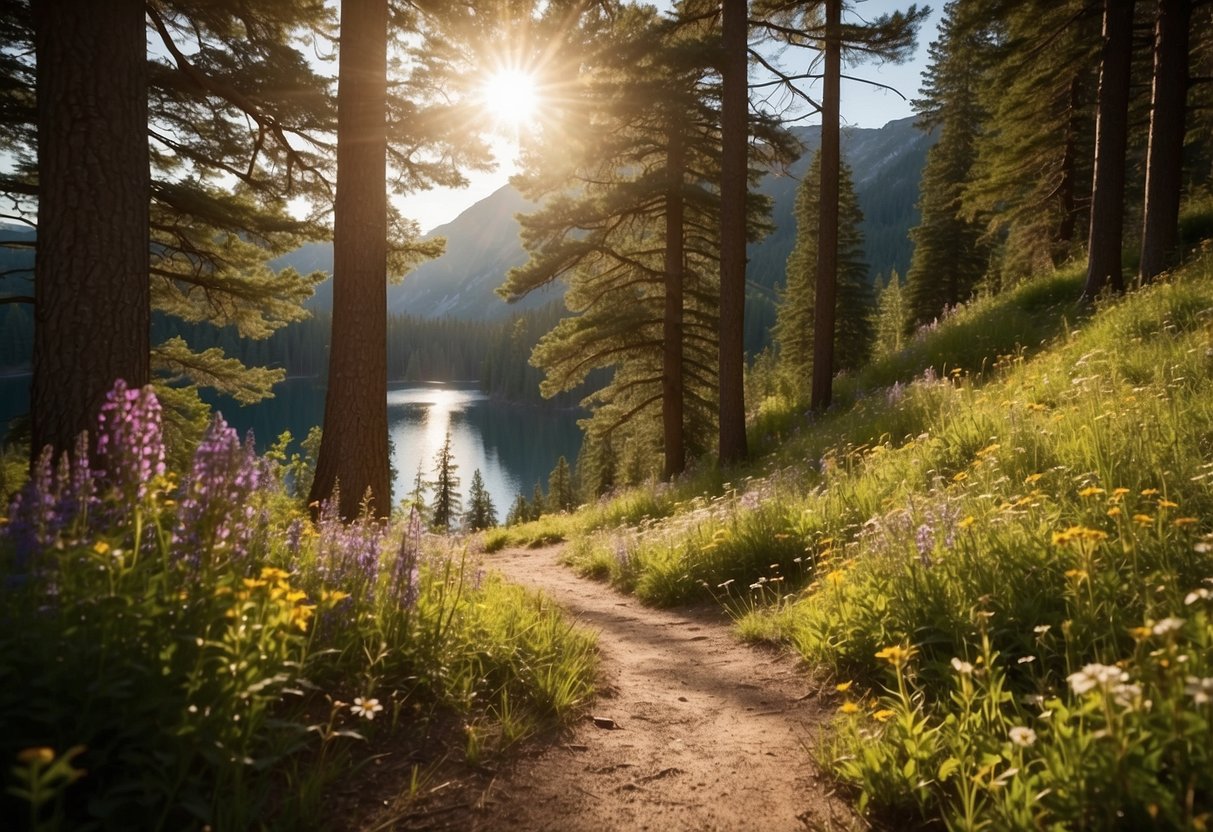 A winding trail cuts through lush forests, leading to a serene mountain lake. Sunlight filters through the trees, casting dappled shadows on the path. A signpost displays "Trail Safety Tips" against a backdrop of vibrant wildflowers