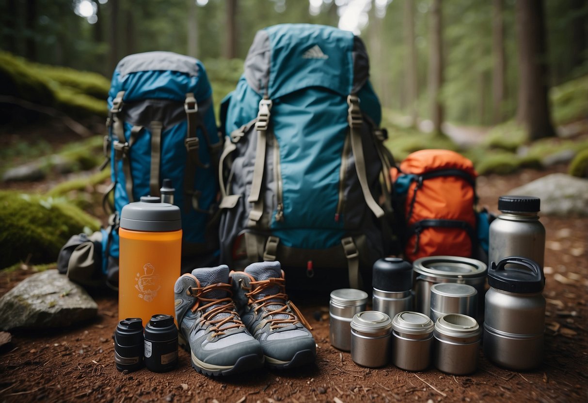 A backpack sits open on the ground, filled with hiking essentials. A map, compass, water bottle, and energy bars are neatly organized inside. A pair of sturdy hiking boots are placed next to the pack, ready to hit the trail