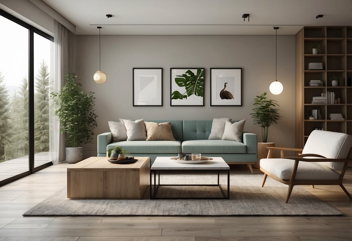 A modern living room with sleek sketchup furniture models arranged in a minimalist style, with clean lines and neutral colors