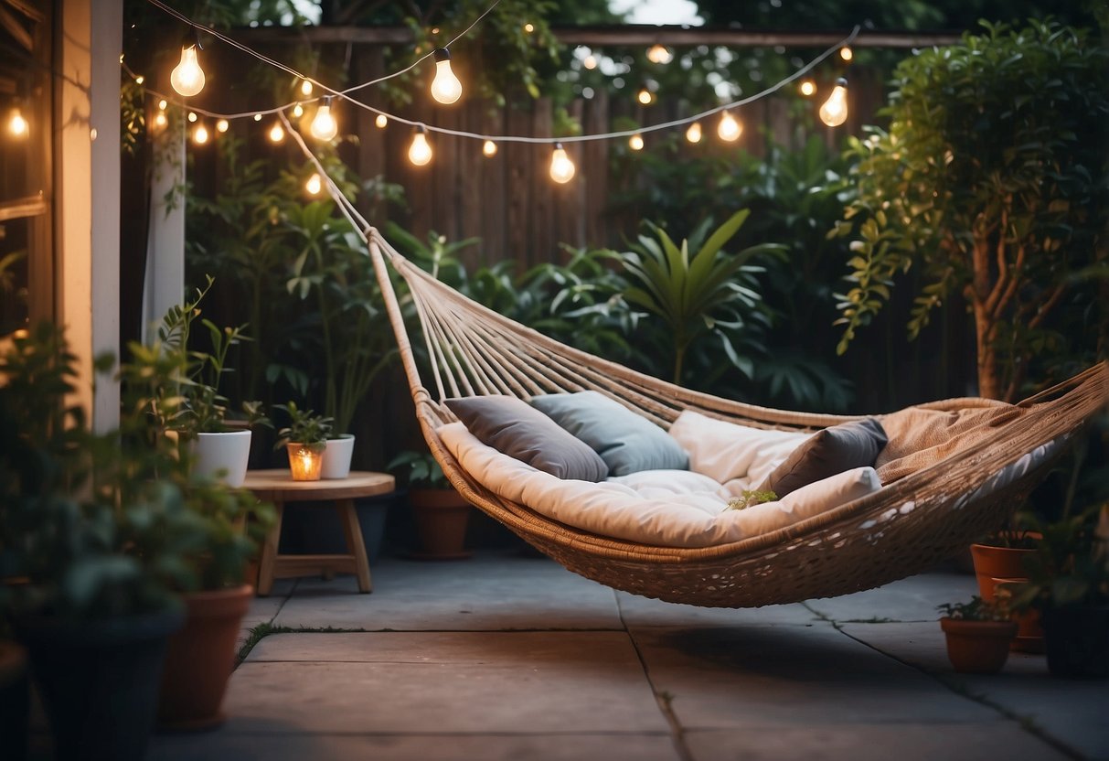 A cozy patio with a bistro table and chairs, a hammock, and potted plants, surrounded by twinkling string lights and a backdrop of lush greenery