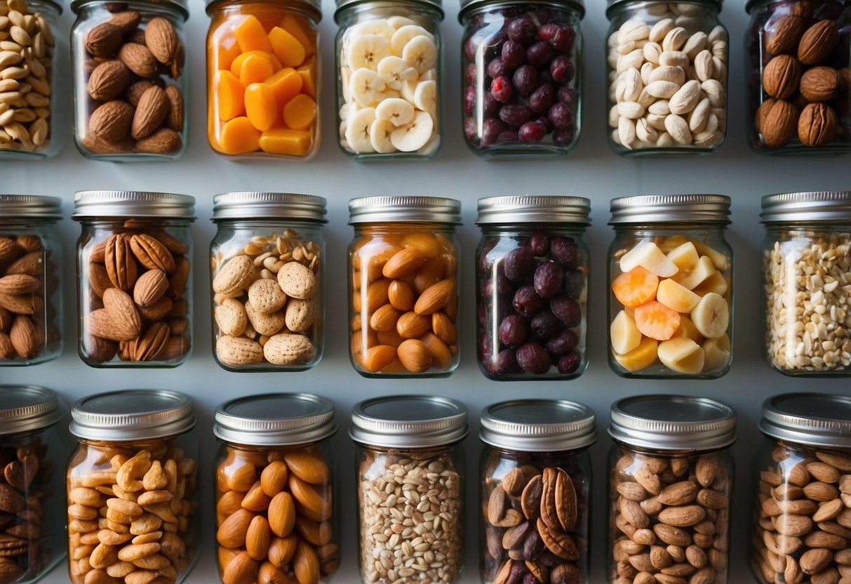 A backpack filled with a variety of nutrient-dense trail snacks, such as nuts, dried fruits, and energy bars, organized neatly in separate compartments