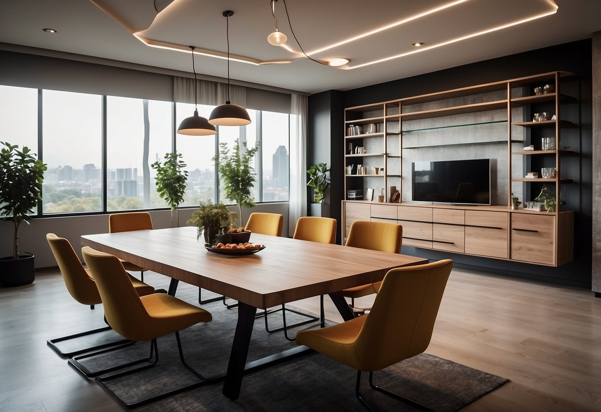 A room with various furniture models arranged in a modern and sleek design. The furniture includes chairs, tables, and shelves, all created using SketchUp