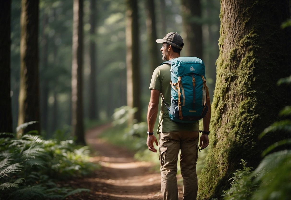 A hiker in moisture-wicking clothing stands next to a backpack, water bottle, and trail map, surrounded by towering trees and a winding path