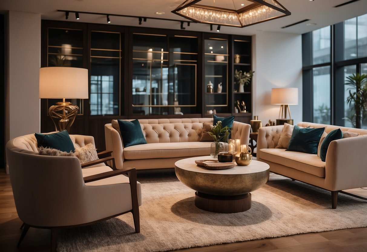 A showroom filled with elegant furniture pieces, arranged in a modern and inviting display. Rich wood finishes and plush fabrics create a warm and luxurious ambiance