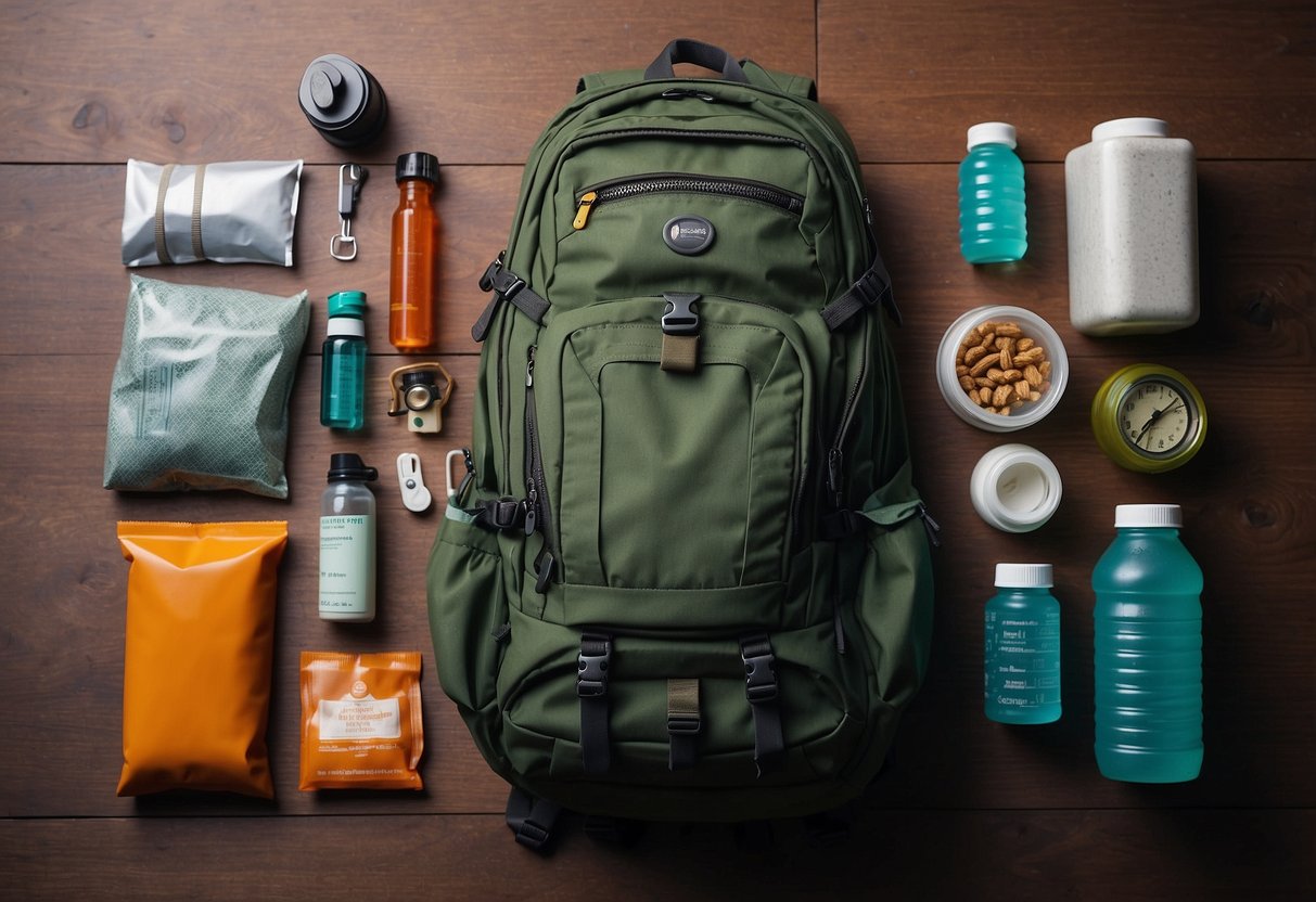 A backpack with a fully stocked first aid kit, water bottles, map, compass, and energy bars laid out on a table