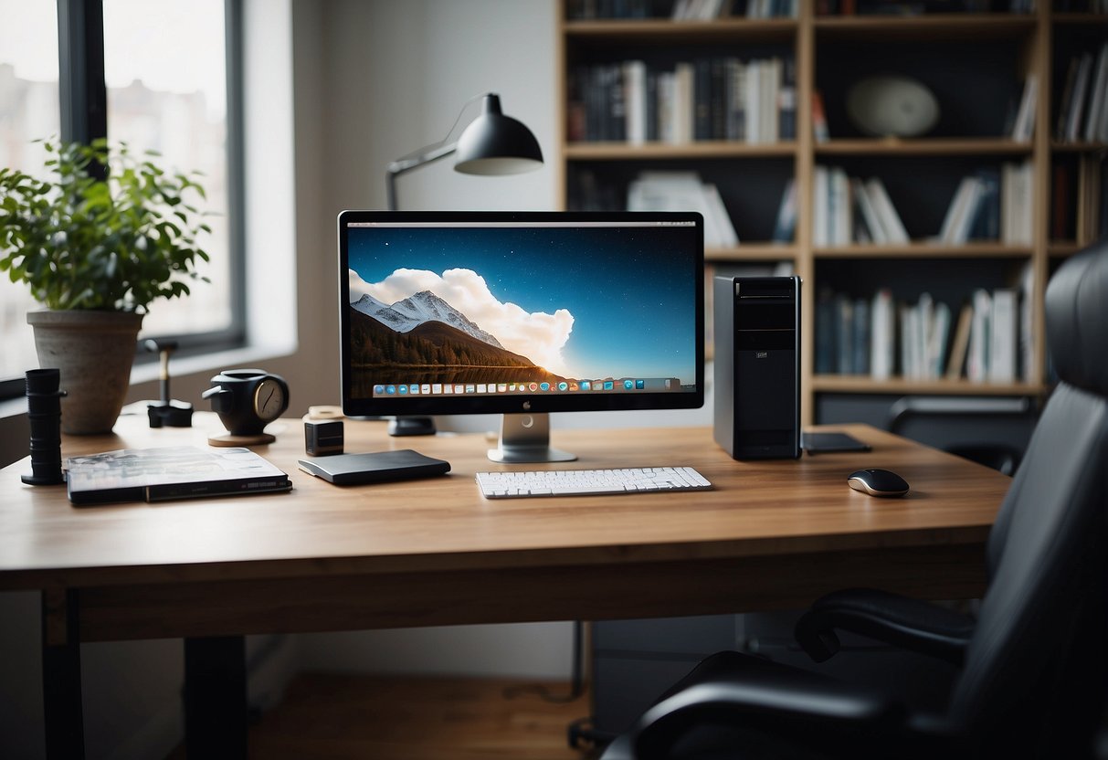 A sleek modern desk and chair in a well-lit room, with a computer and various design books scattered on the desk