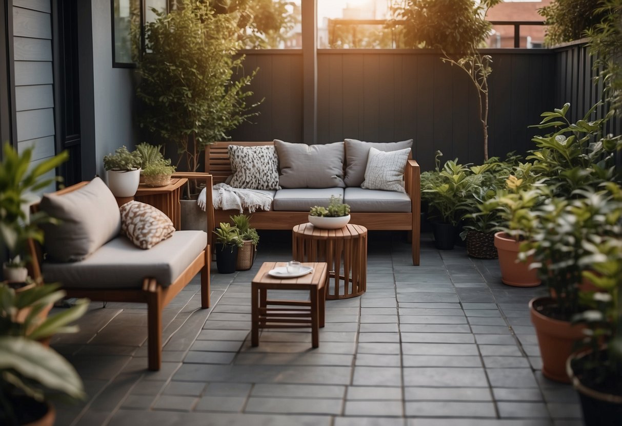 A small patio with a cozy seating area, compact table, and potted plants. The furniture is sleek and modern, maximizing the limited space