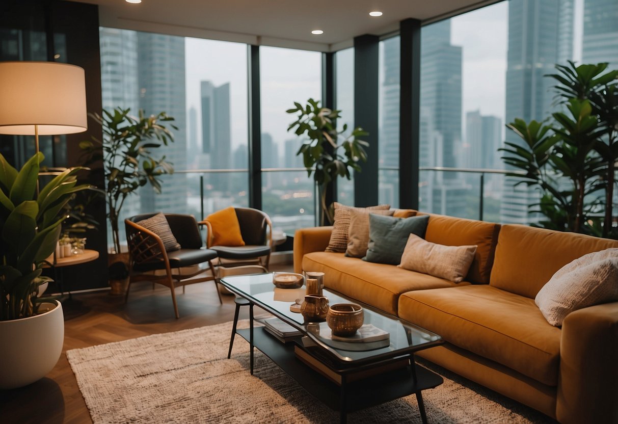 A cozy living room with modern furniture, vibrant colors, and sleek designs. A laptop displaying various online furniture stores in Singapore