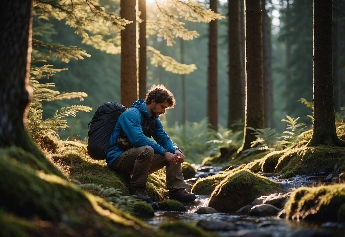 A backpacker sets up a lightweight shelter in a serene forest clearing, with a clear blue sky overhead and a babbling brook nearby