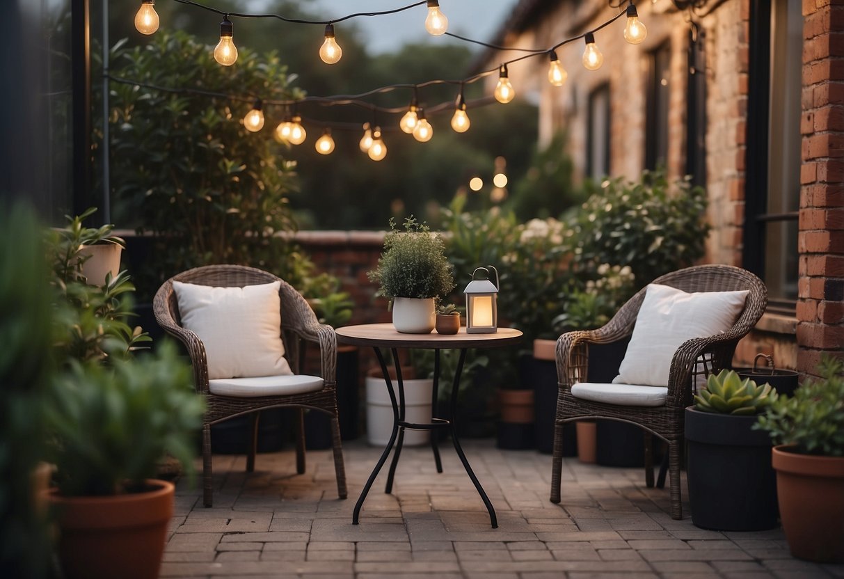 A cozy outdoor patio with a small table and chairs surrounded by potted plants and string lights