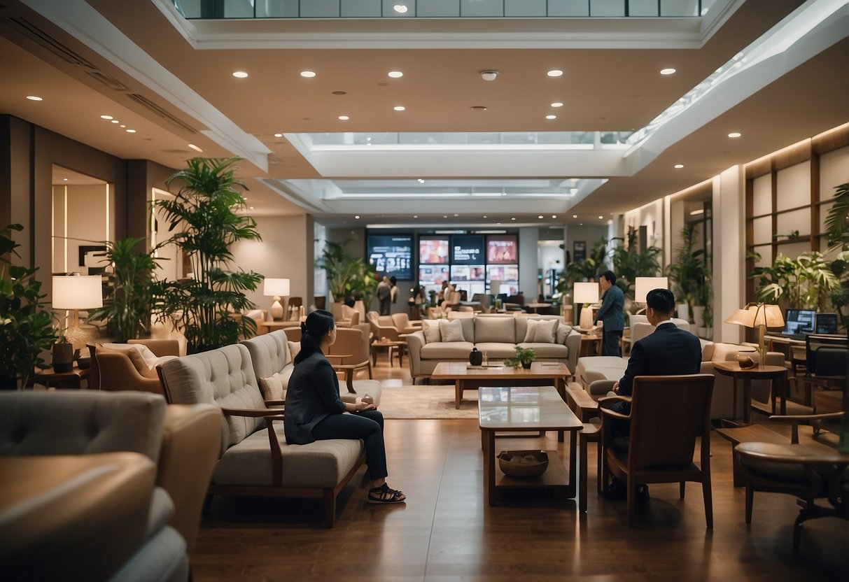 A bustling furniture showroom with customers browsing, staff assisting, and a sign prominently displaying "Frequently Asked Questions" at Soon Seng Heng Furniture Company