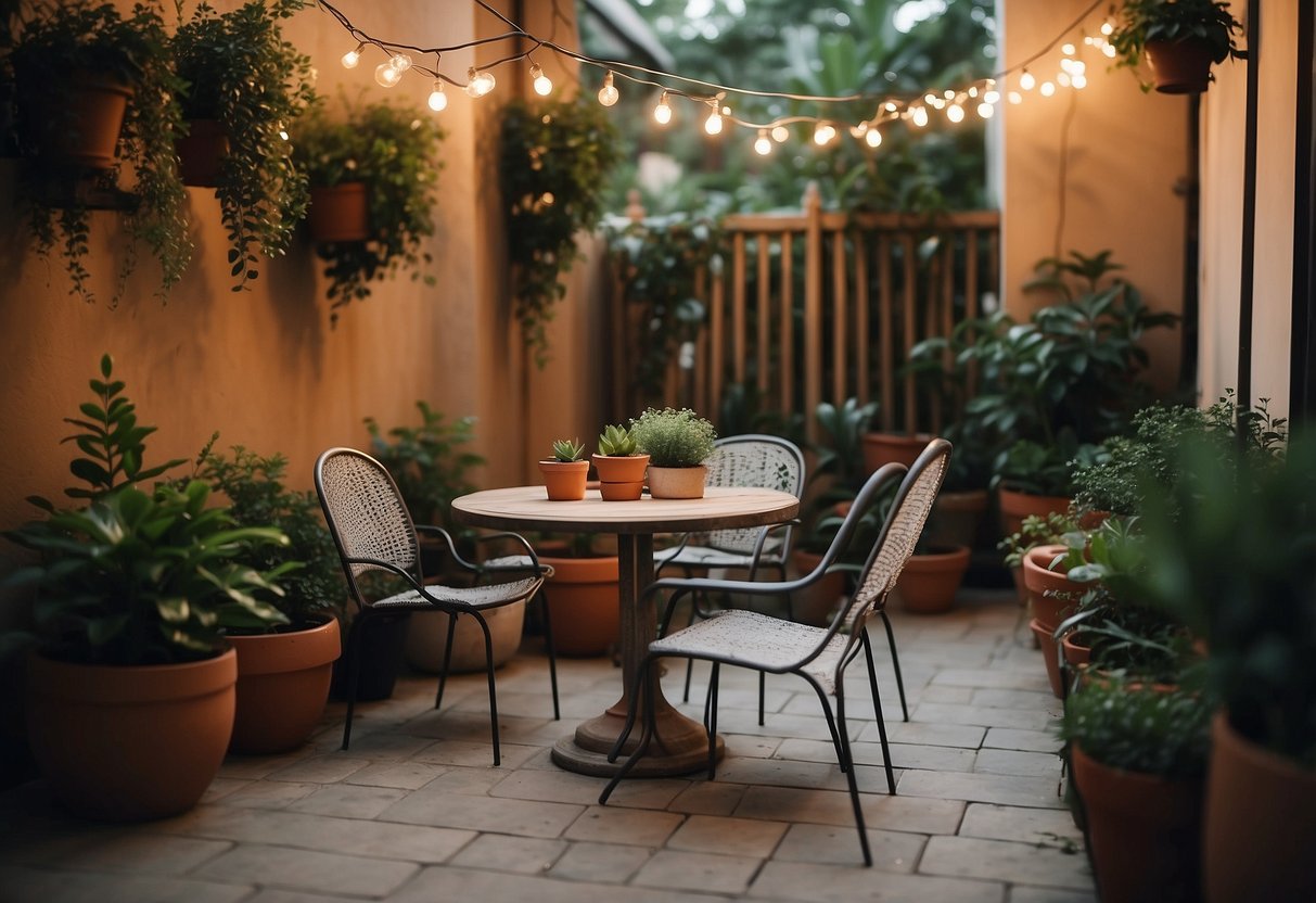 A cozy patio with a small table and chairs, surrounded by potted plants and twinkling string lights