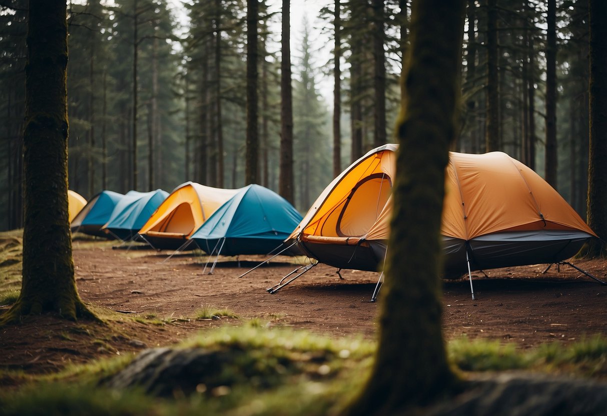 A group of lightweight shelters, such as tents and hammocks, are set up in a rugged outdoor environment, showcasing their durability and materials