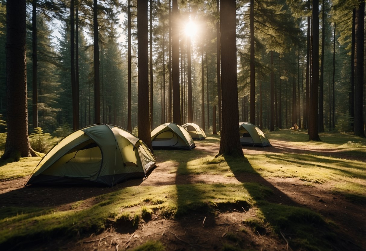 A serene forest clearing with five lightweight shelters set up, surrounded by backpacks and hiking gear. The sun is shining through the trees, casting dappled shadows on the ground