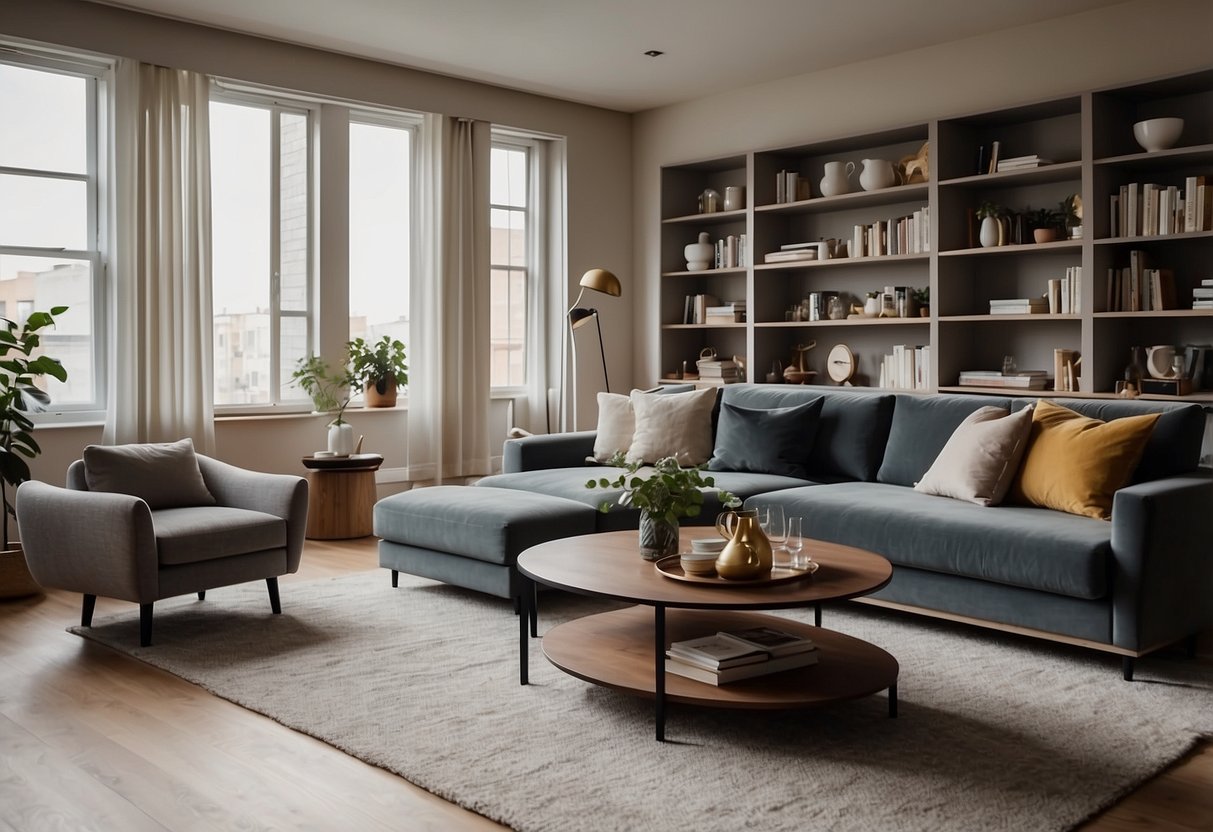 A cozy living room with a plush sofa, coffee table, and bookshelves. A sleek dining area with a table and chairs. A serene bedroom with a comfortable bed and nightstands